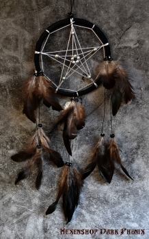 Hexenshop Dark Phönix Traumfänger mit Pentagramm in Silber - dunkle Federn